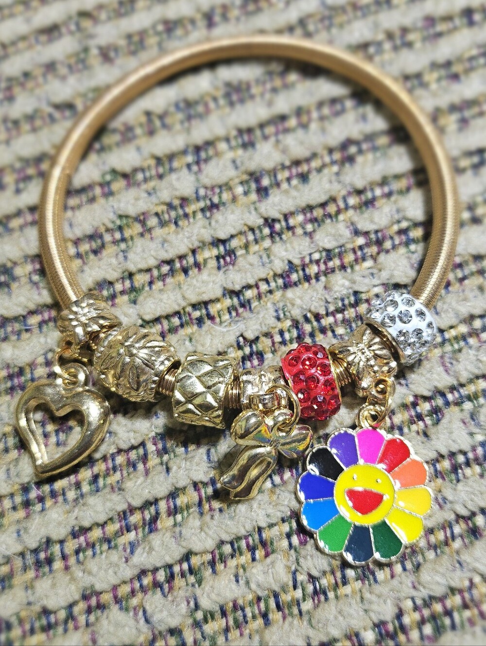 2/15$ Gold-Tone Rainbow Flower Charm Bracelet with Heart and Bead Accents